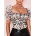 Short Puff Sleeve Floral Printed Scoop Neck Crop Tops