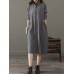 Pockets Stripe Long Sleeve Lapel Vintage Maxi Dress