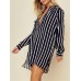 Chiffon Striped Printed Long Sleeve V-neck Shirt Dresses