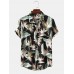 Mens Classical Oil Print Leaf Turn Down Collar Short Sleeve Shirts