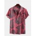 Mens 100% Cotton Leaf Printed Chest Pocket Turn Down Collar Short Sleeve  Shirts