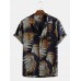 Mens 100% Cotton Leaf Printed Chest Pocket Turn Down Collar Short Sleeve  Shirts