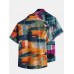 Men Cotton Linen Colorful Graffiti Printed Short Sleeve Shirt