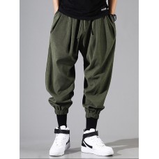 Mens Casual Fashion Vintage Solid Color Drawstring Suede Harem Pants