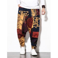 Mens Cotton Linen Ethic Hip Hop Wide Leg Loose Baggy Harem Pants