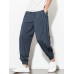 Mens Cotton Linen Side Panel Buckle Plain Stripe Drawstring Harem Pants