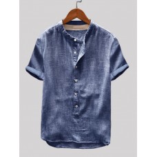 Mens Cotton Linen Vintage Solid Stand Collar Casual Henley Shirt