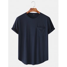 Men Cotton Plain Chest Pocket Home Casual Loose Short Sleeve T-Shirt