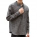 Mens Casual Loose Fit T-Shirts Cotton Linen Long Sleeve Vertical Striped Printing Stand Collar Tops