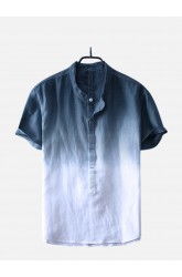 Mens Gradient Color Summer Short Sleeve Cotton Henry Collar Casual T shirt